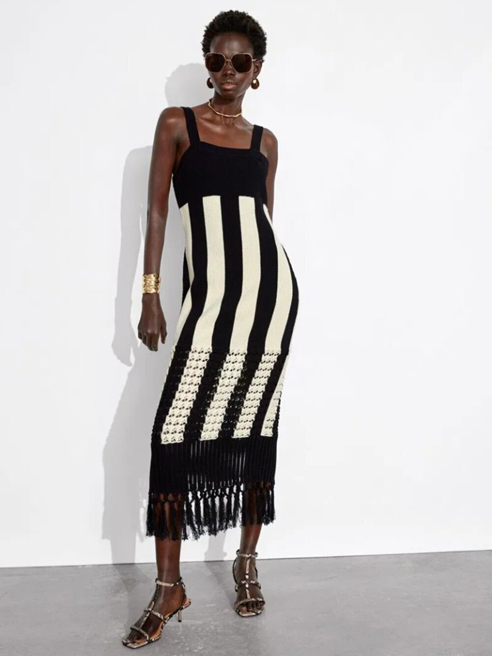 NWOT & OTHER STORIES Black Striped Cotton Crochet Knit Fringe Midi Dress, Size S